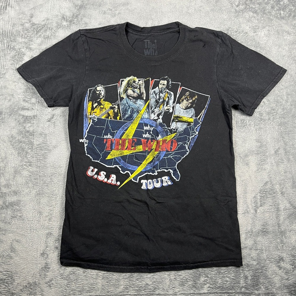 The Who T-Shirt Men Small Black Cotton Spellout Rock Music Band USA Tour Graphic